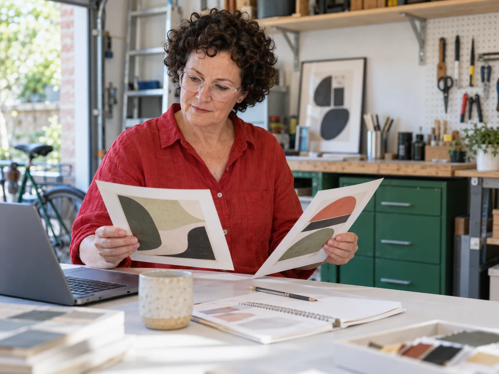 Woman with dark curls and a red shirt comparing two printed mock-ups at a white worktable