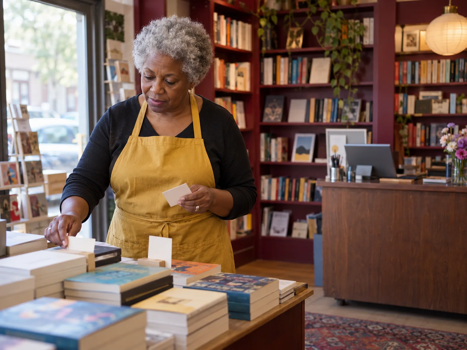 Woman with a silver afro in a mustard apron checking price cards on books in a bookshop