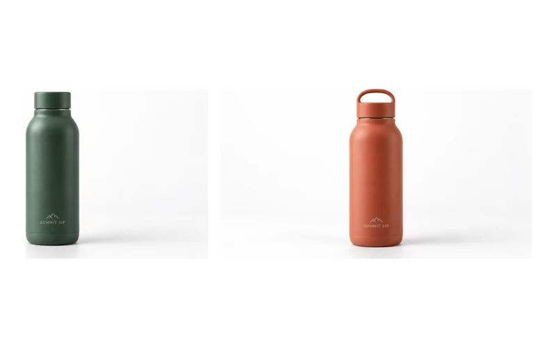 Example pair of SummitSip water bottles, green and coral, on white