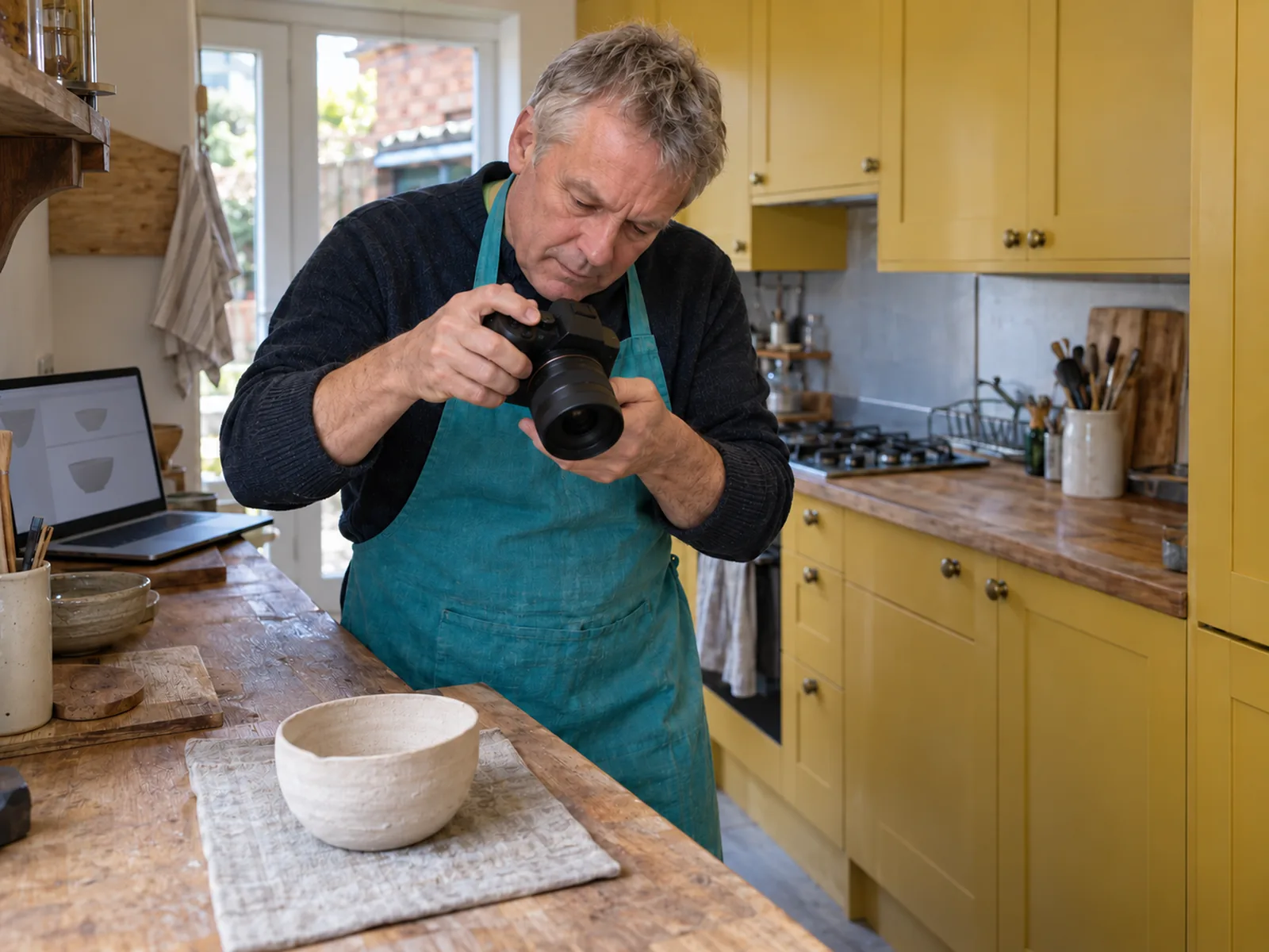 Man in a turquoise apron photographing a handmade bowl in a narrow kitchen with mustard cupboards
