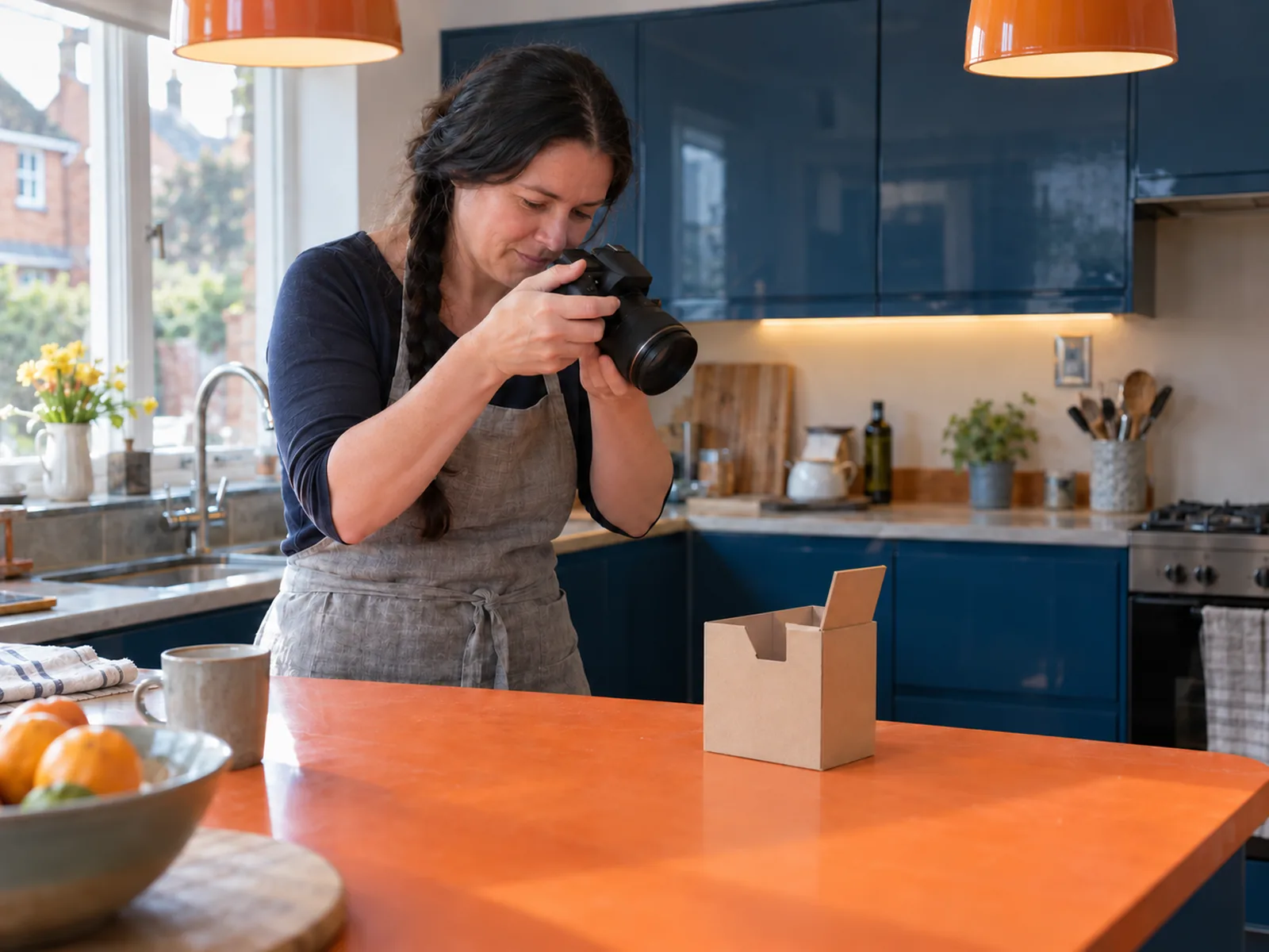 Woman with a long black plait photographing a cardboard prototype on an orange kitchen island
