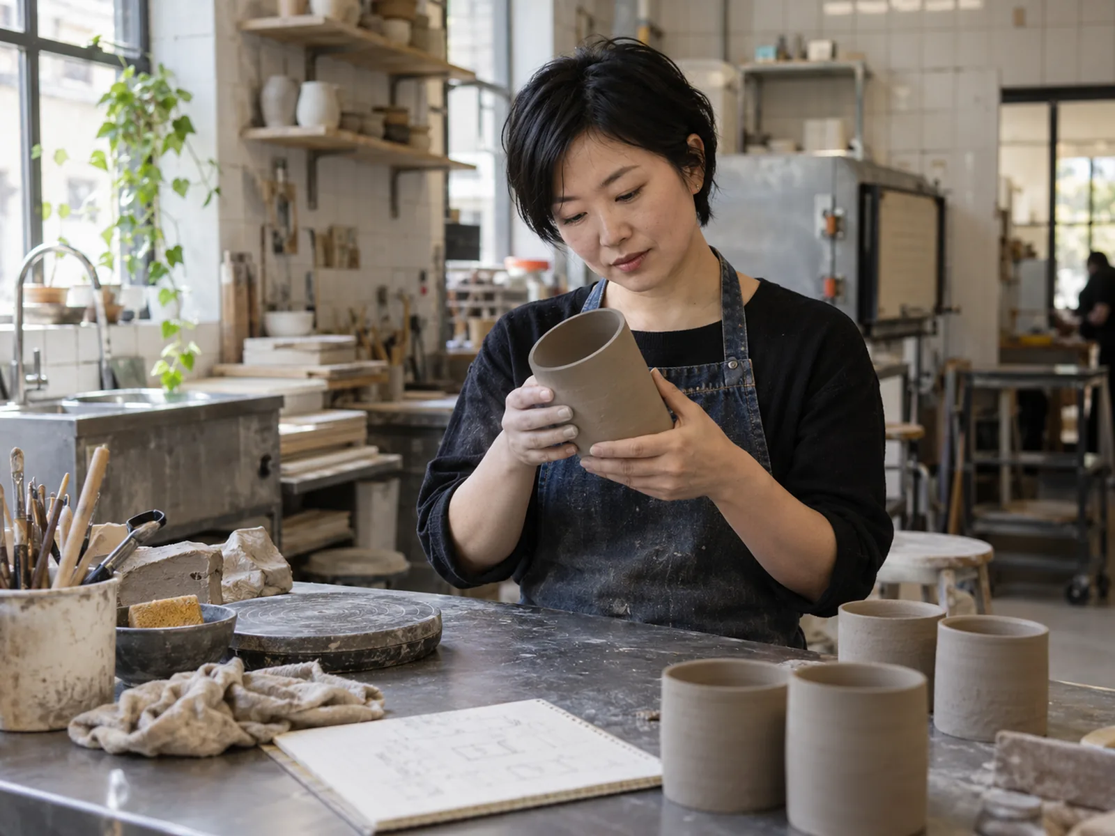 Woman in a denim apron examining a clay cylinder prototype at a ceramics workbench