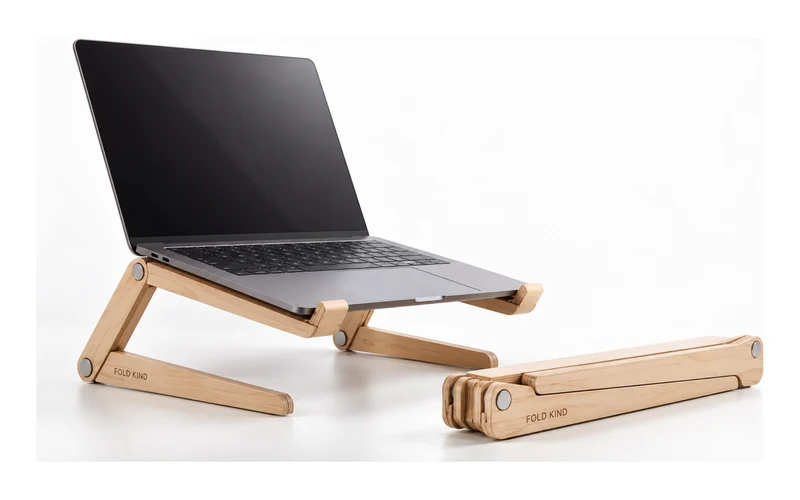Example birch laptop stand from FoldKind, shown open and folded