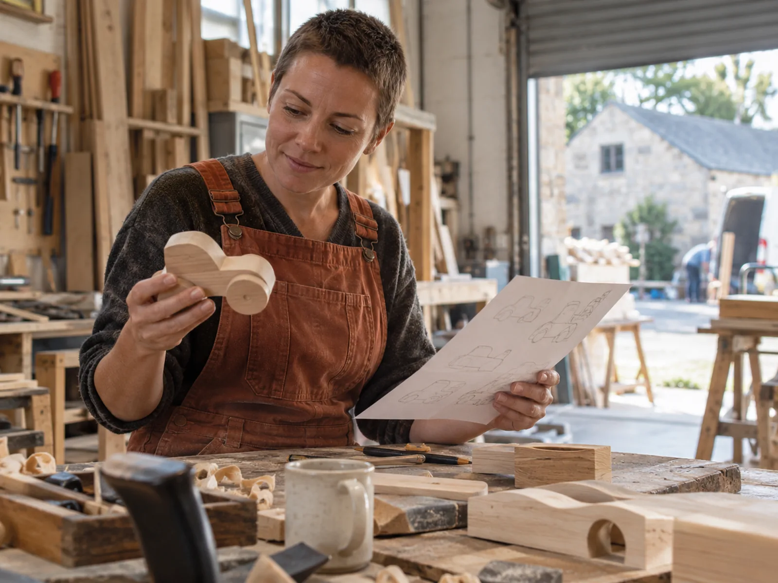 Woman in rust dungarees checking a wooden toy prototype against a sketch in a workshop