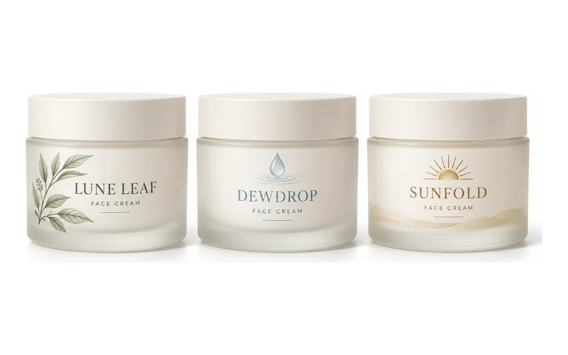 Example face cream jars labelled LuneLeaf, Dewdrop and Sunfold