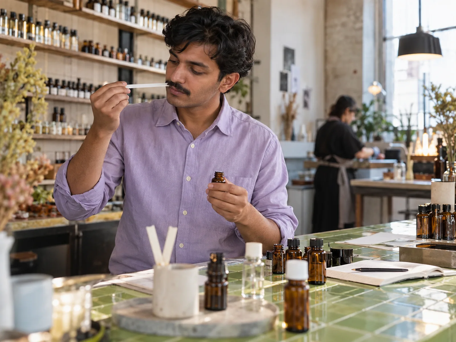 Man with a moustache in a lavender shirt studying a scent strip at a perfume workbench