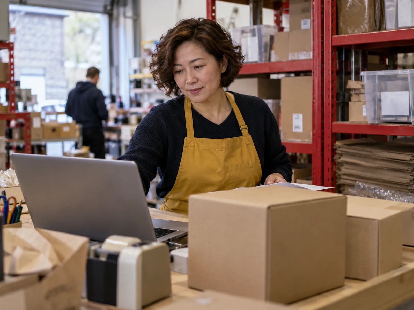 Woman in a mustard apron checking a laptop beside cardboard boxes at a packing bench