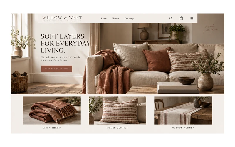 Example Willow & Weft home textiles shop homepage