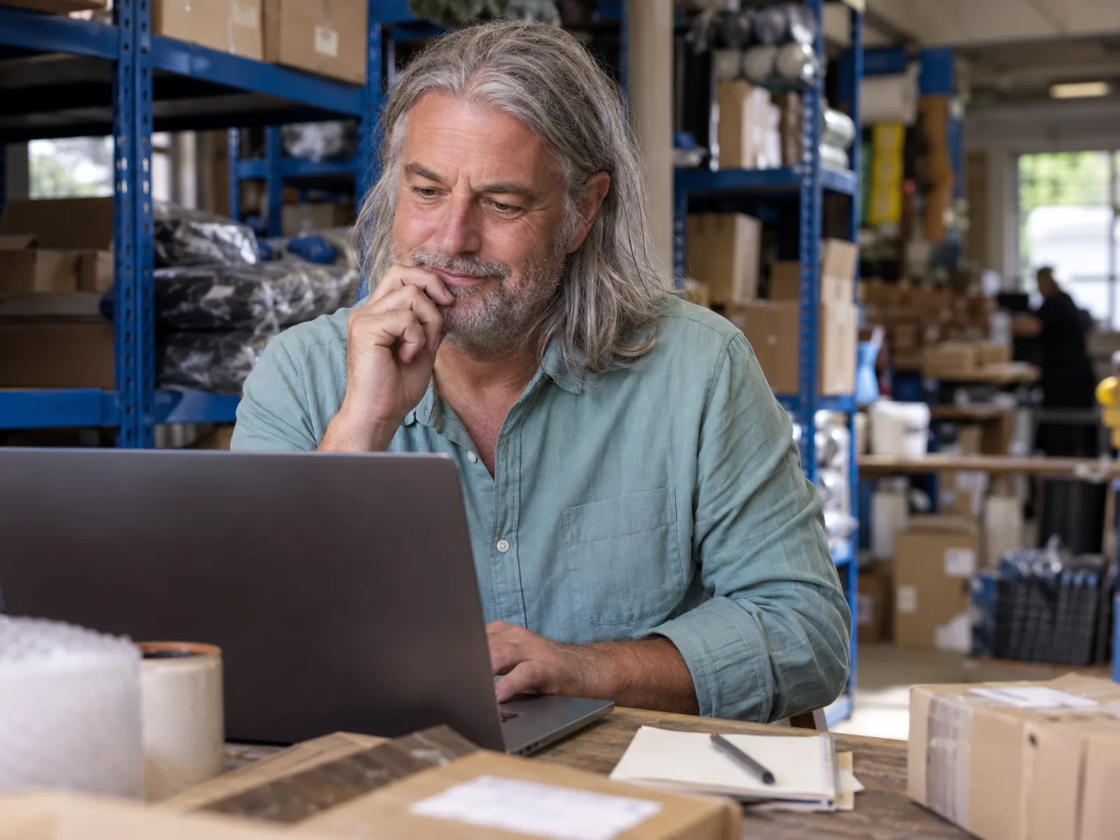 Man with long grey hair looking at a laptop beside stock in a stockroom with blue shelves