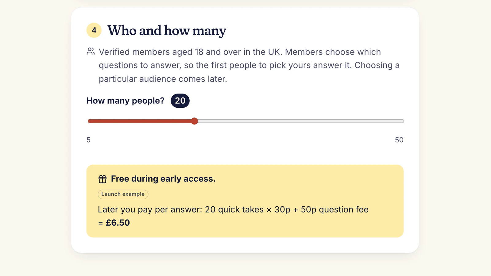 Ask screen section Who and how many, with a slider from 5 to 50 people set at 20