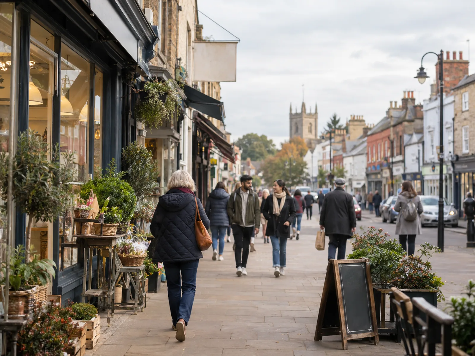 Shoppers walking along a British high street lined with plants and shopfronts