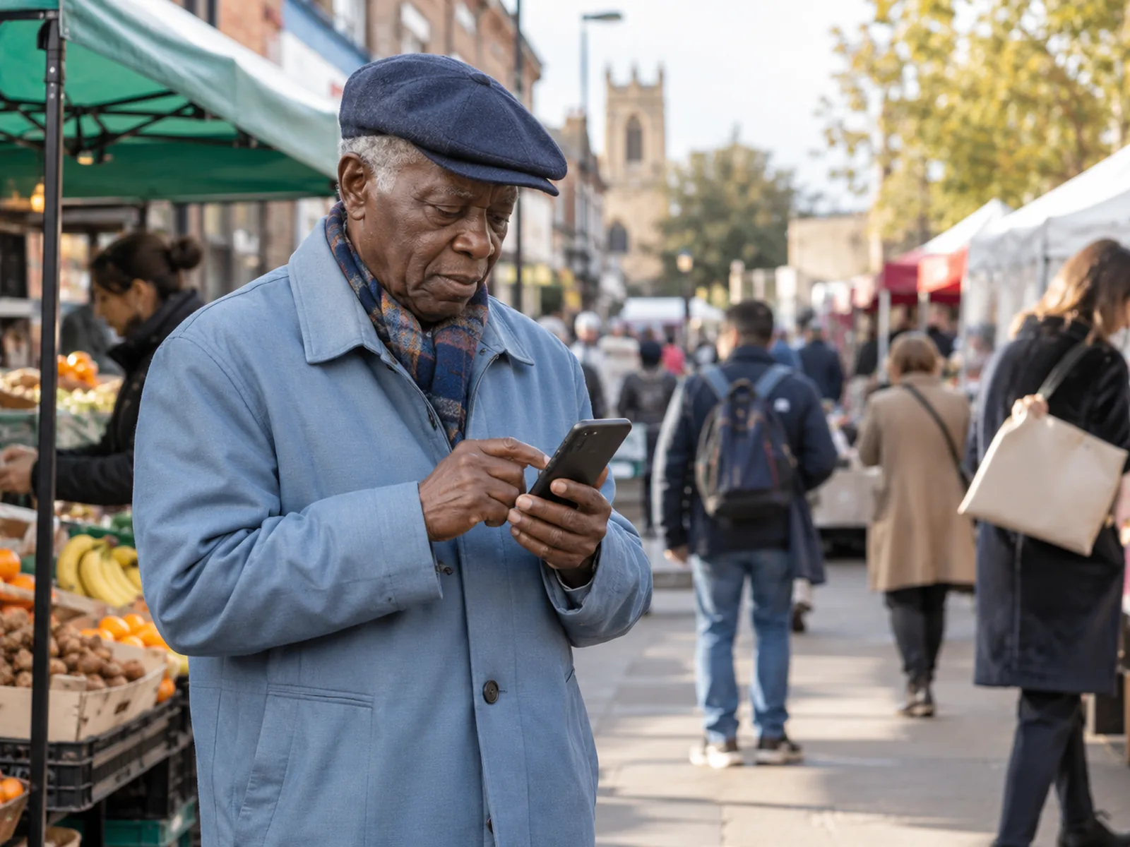 Older man in a flat cap and pale-blue coat checking his phone at a busy street market