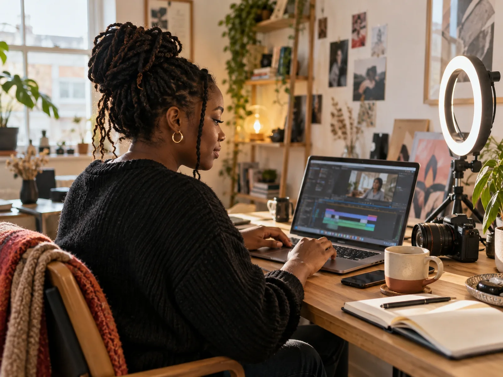 Woman editing a video on a laptop at a desk with a ring light and a camera