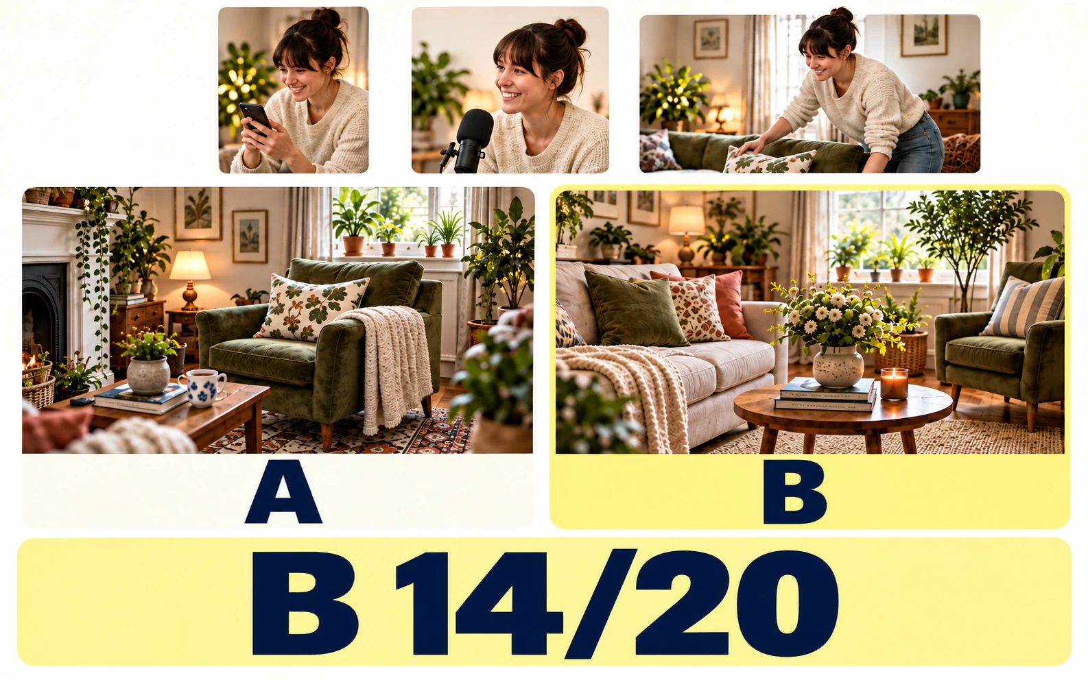 Example RoomKind video, podcast and course formats above two course covers, with B chosen by 14 of 20
