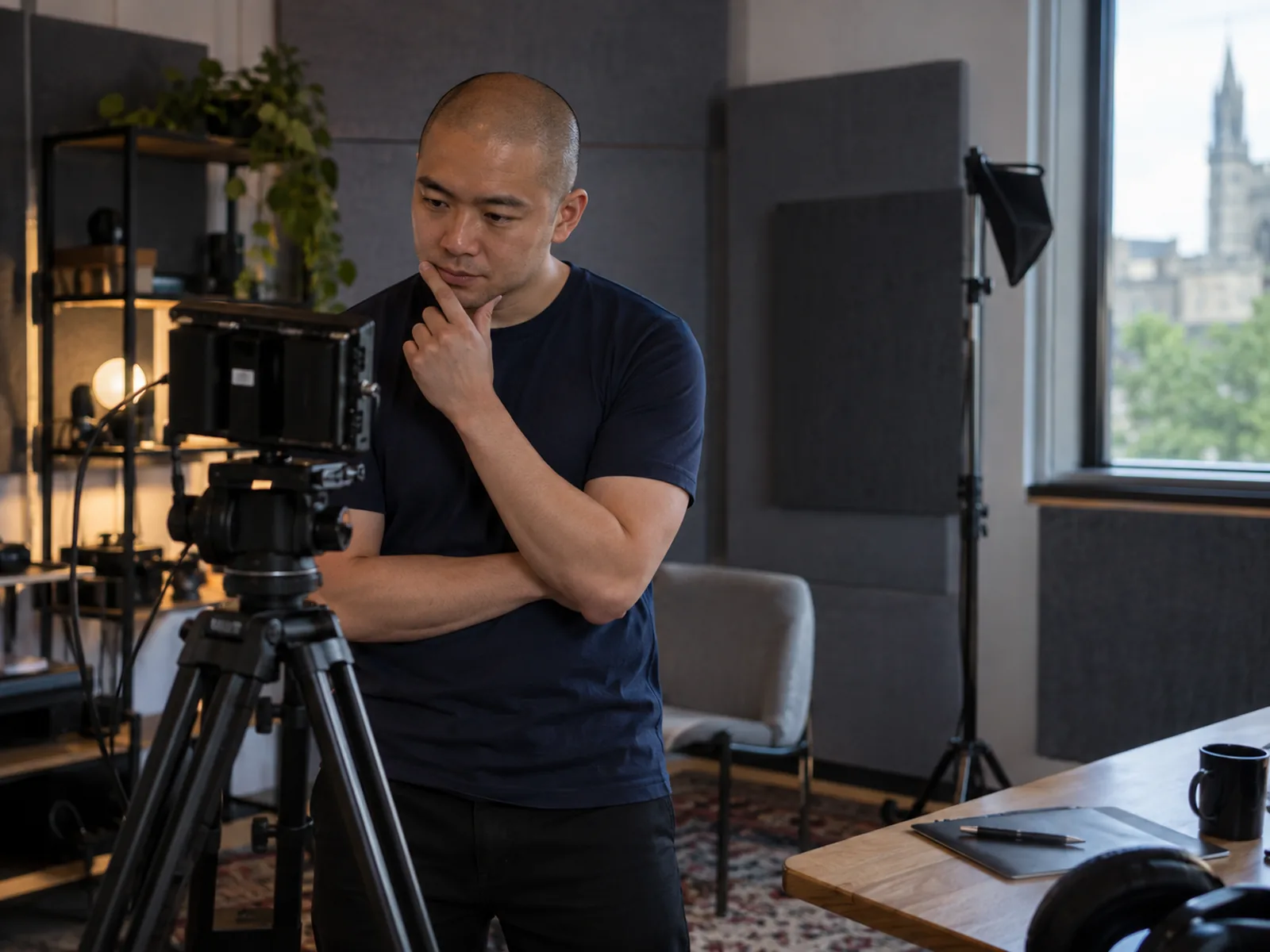 Man with a shaved head studying a camera monitor beside a tripod in a small recording room