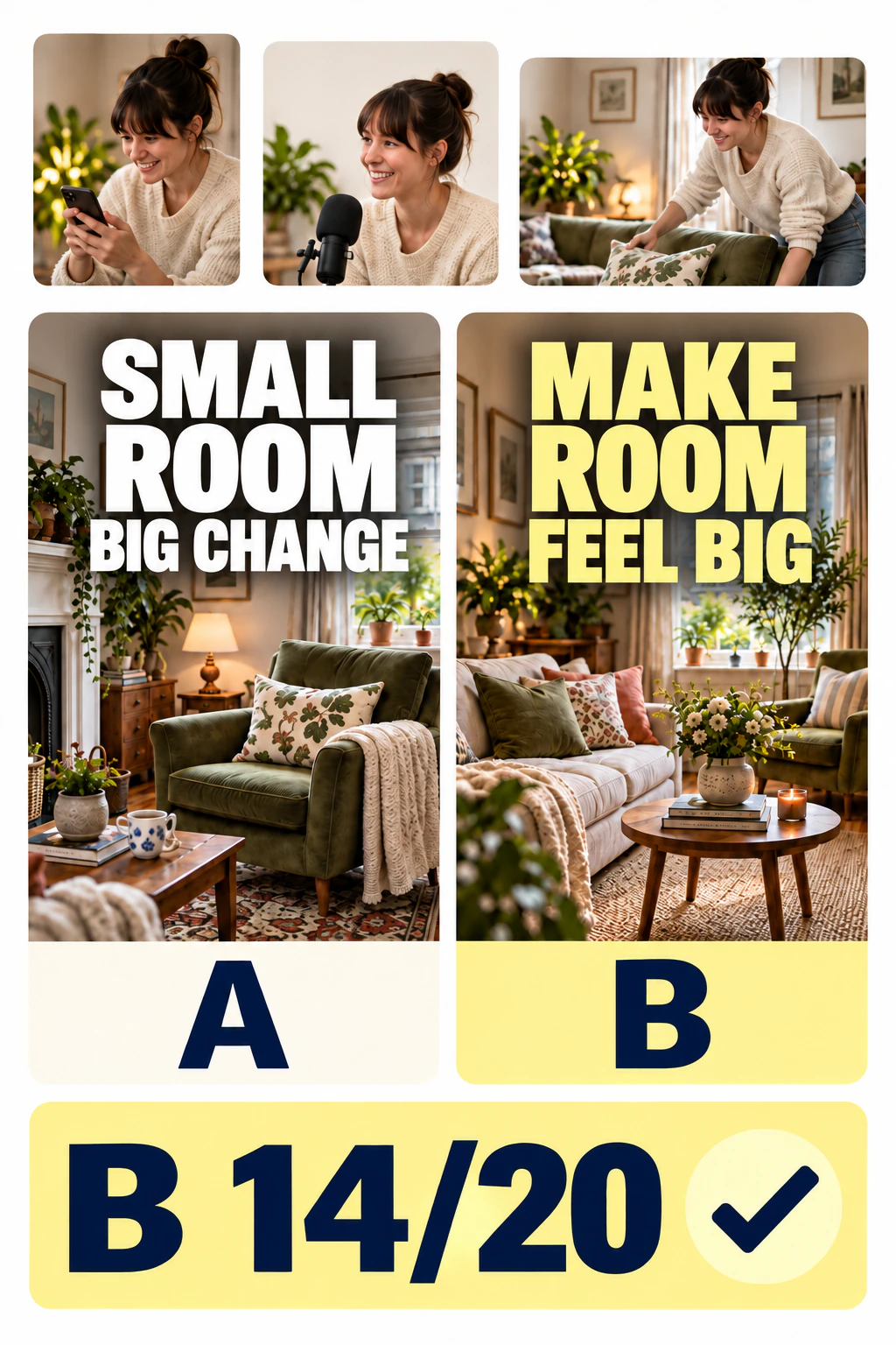 Example RoomKind short-video, podcast and course formats above two course covers; 14 of 20 chose B