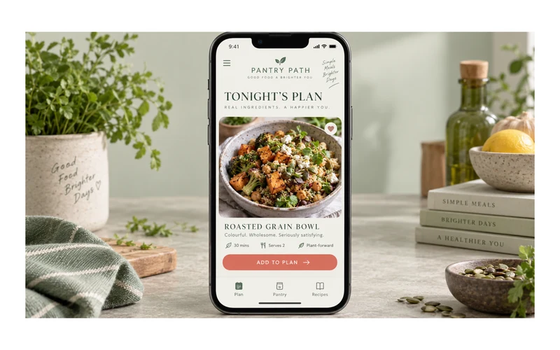 Example PantryPath meal-planning app on a phone beside fresh ingredients