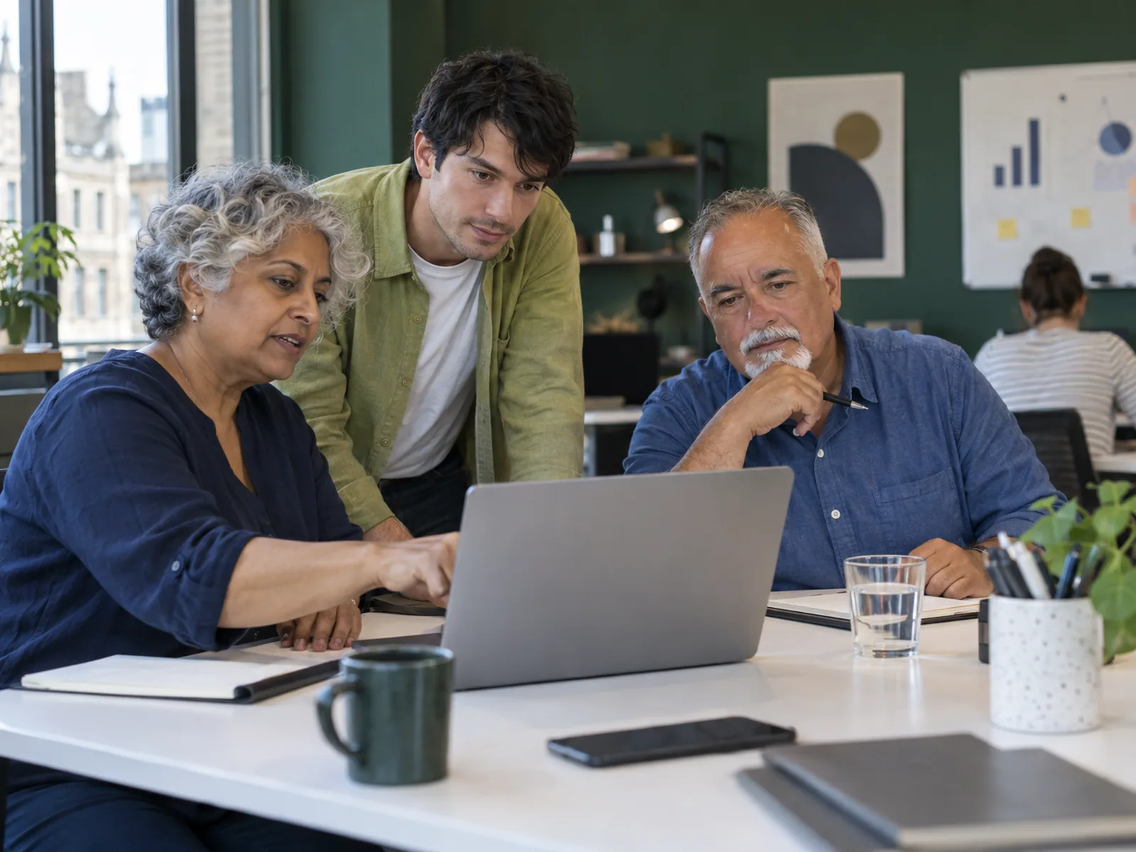 Three colleagues reading one laptop together at a long white table
