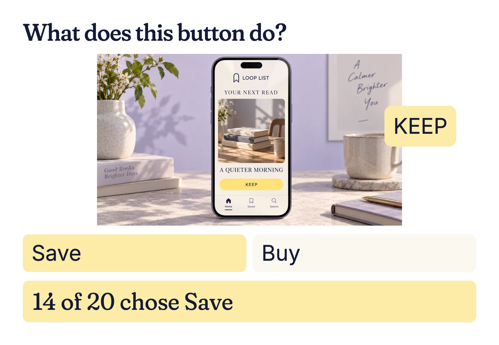 Example UI question: What does this button do? A LoopList app with a KEEP button; 14 of 20 said Save