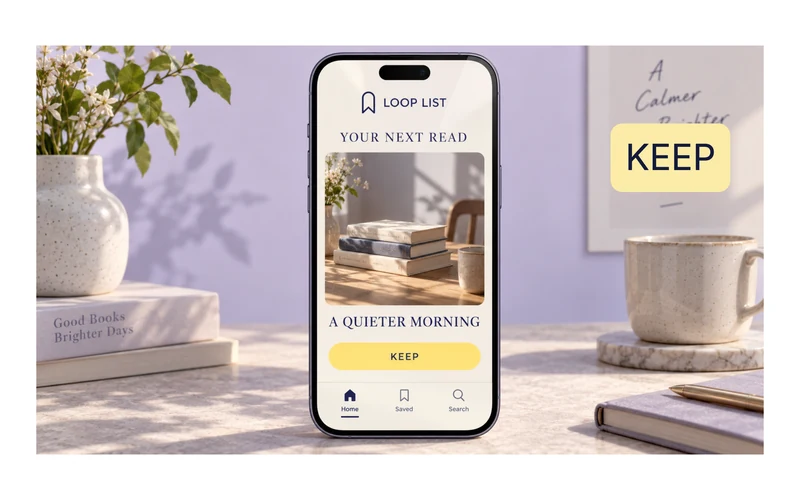 Example LoopList reading app on a phone, with a large KEEP label