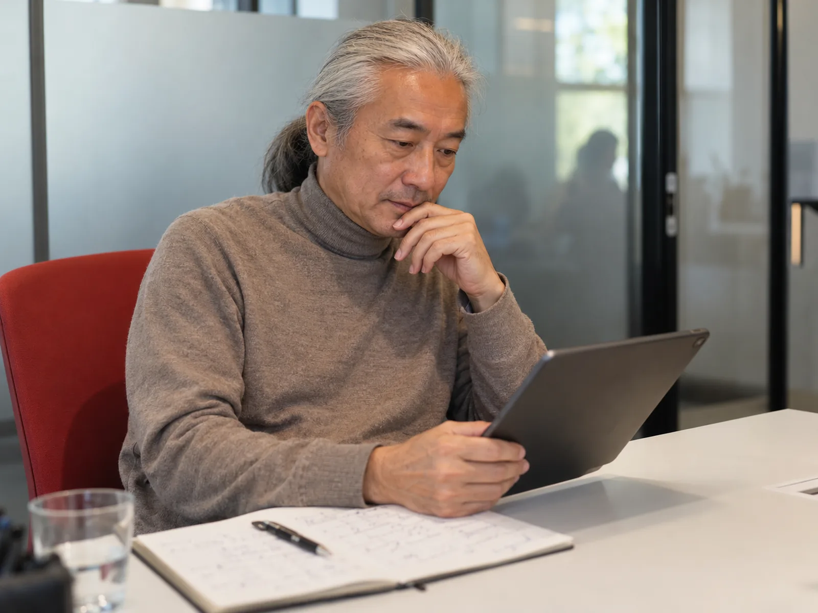 Man with a silver ponytail studying a tablet beside handwritten notes in a usability lab