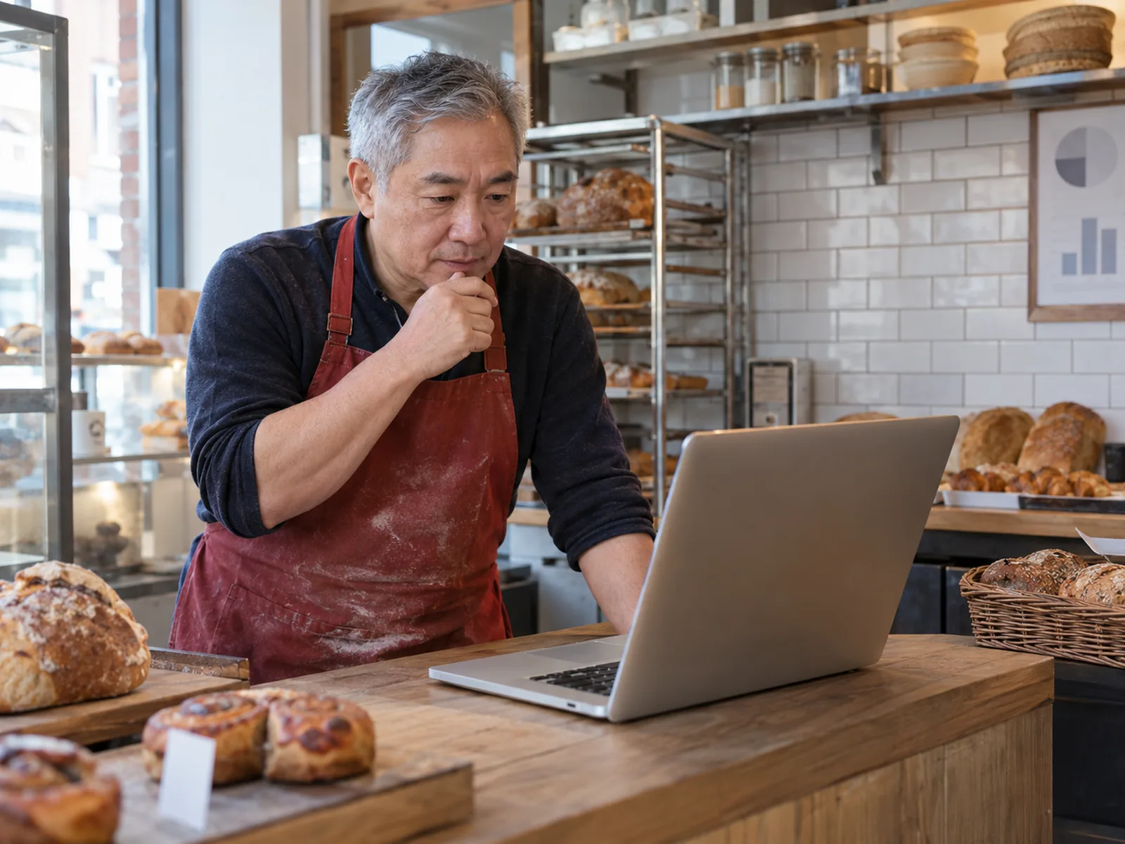 Baker in a red apron looking thoughtfully at a laptop on a bakery counter