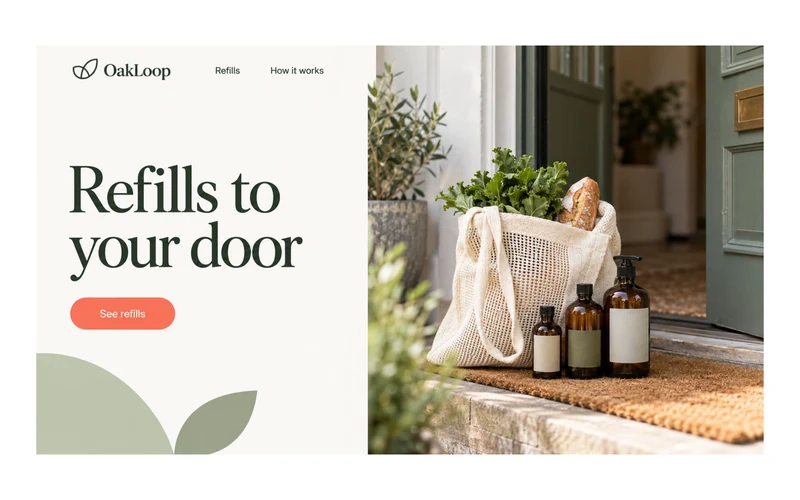 Example OakLoop refill-delivery homepage with bottles and a cotton shopping bag