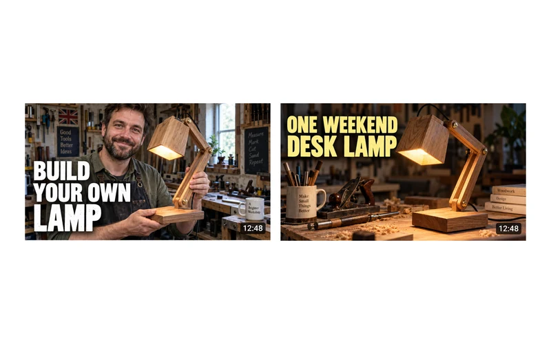 Example pair of desk lamp video thumbnails with bold yellow and white titles