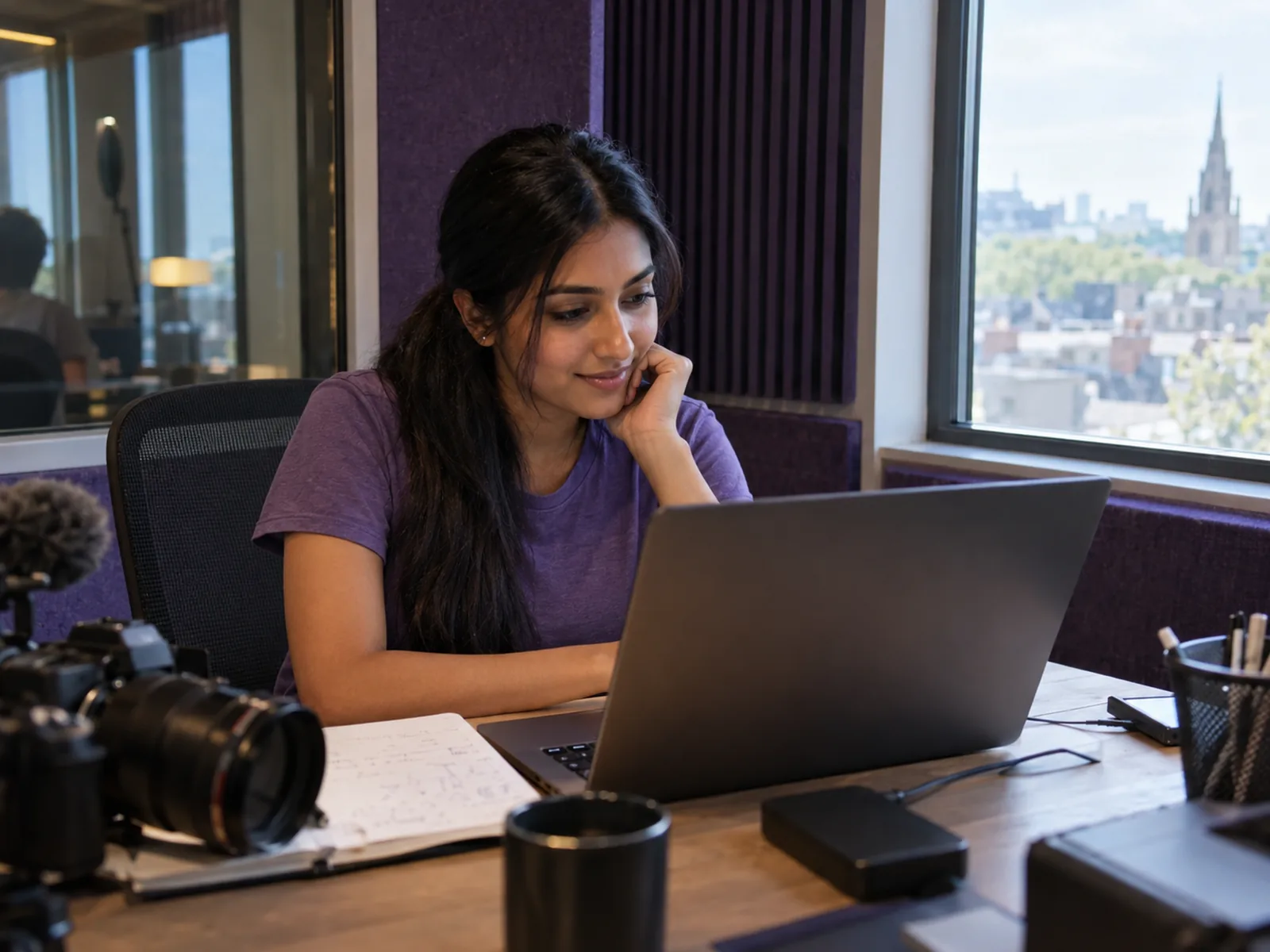 Woman in a purple T-shirt looking at a laptop beside a camera in a recording booth