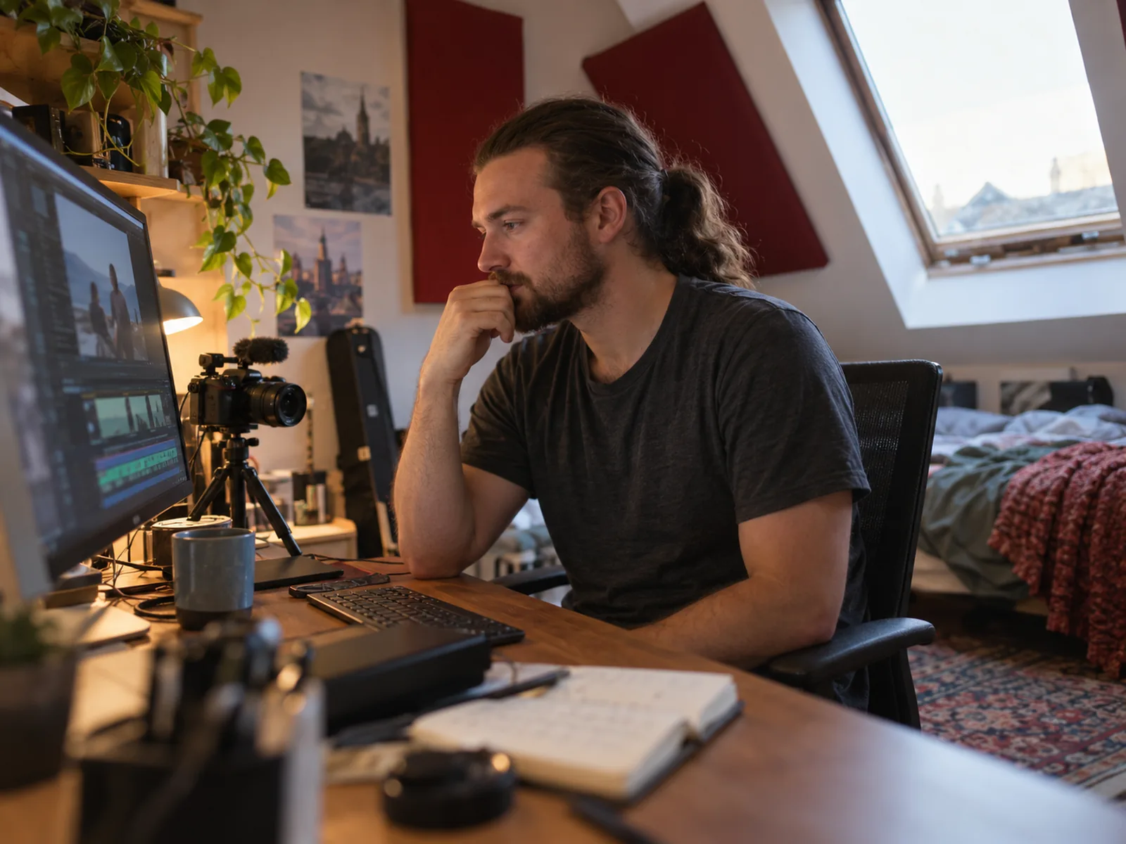 Man with a long ponytail looking at a screen beside a camera in an attic editing corner