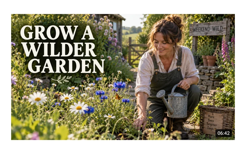 Example gardening video thumbnail reading Grow a wilder garden