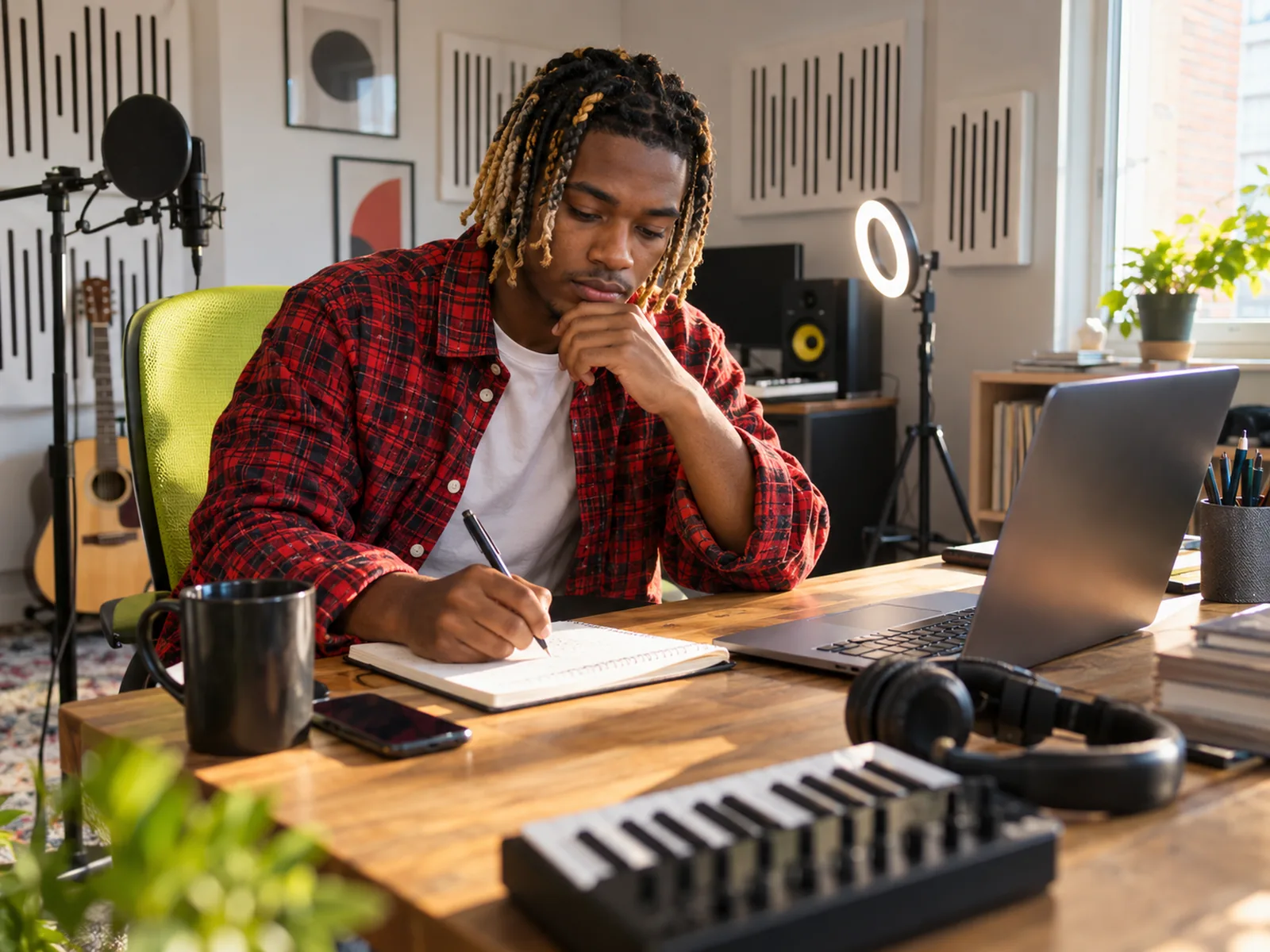 Young man with blond-tipped braids writing in a notebook at a desk in a recording room