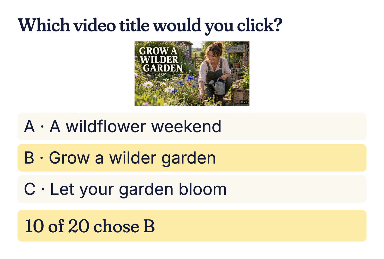 Example title test under a gardening thumbnail: A wildflower weekend, Grow a wilder garden, Let your garden bloom