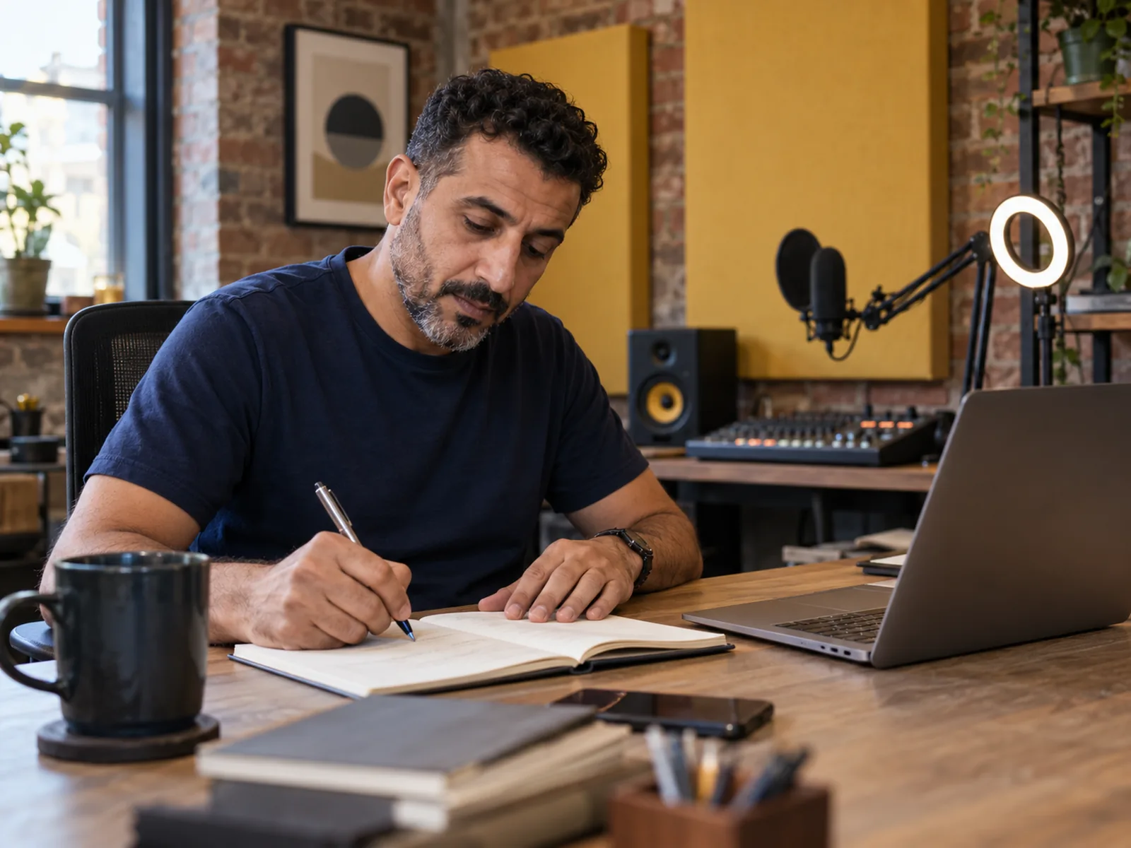 Man with a close beard writing in a notebook at a desk with a microphone and ring light