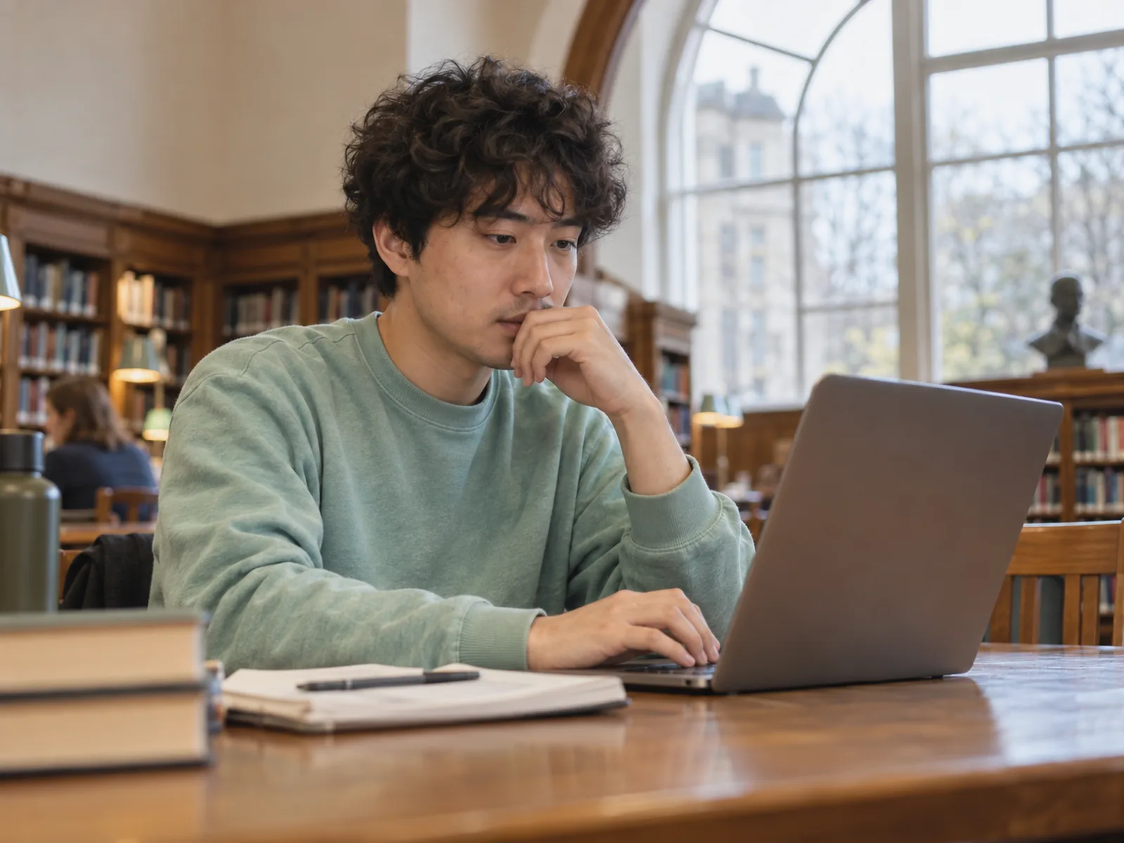 Young man with curly hair working on a laptop at a library desk under an arched window