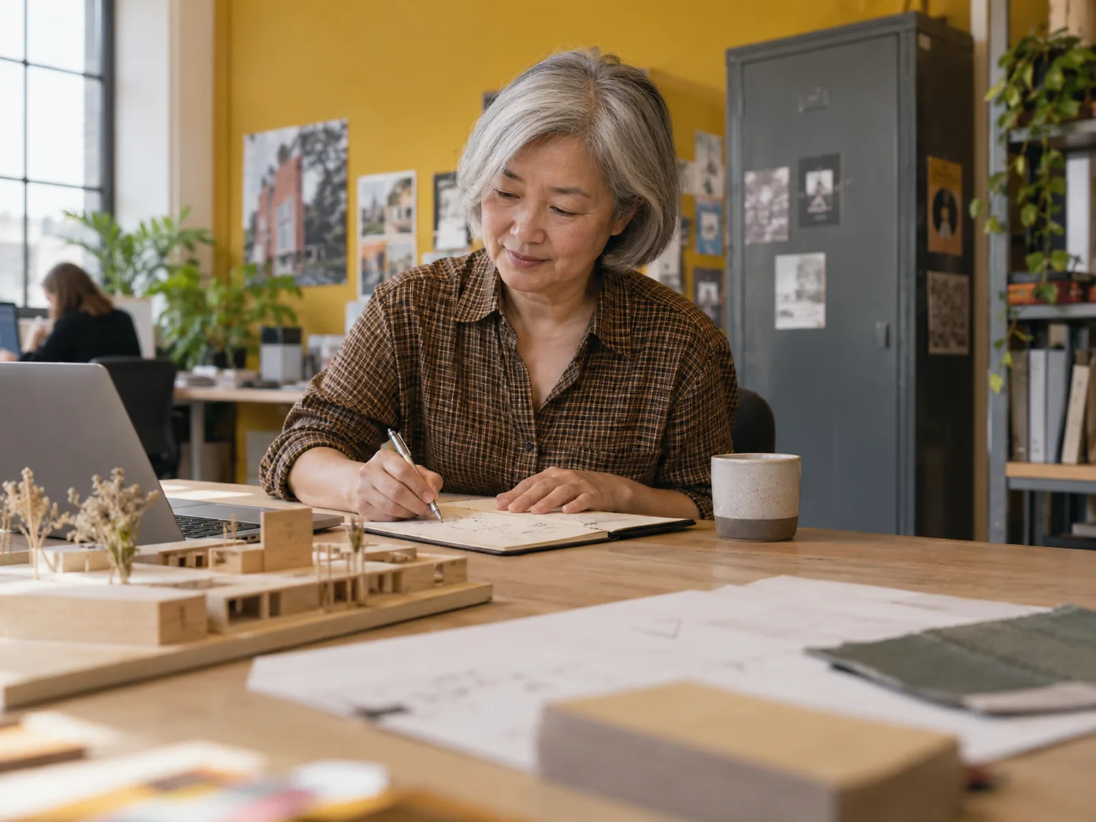 Woman with a silver bob taking notes beside a small architectural model at a desk