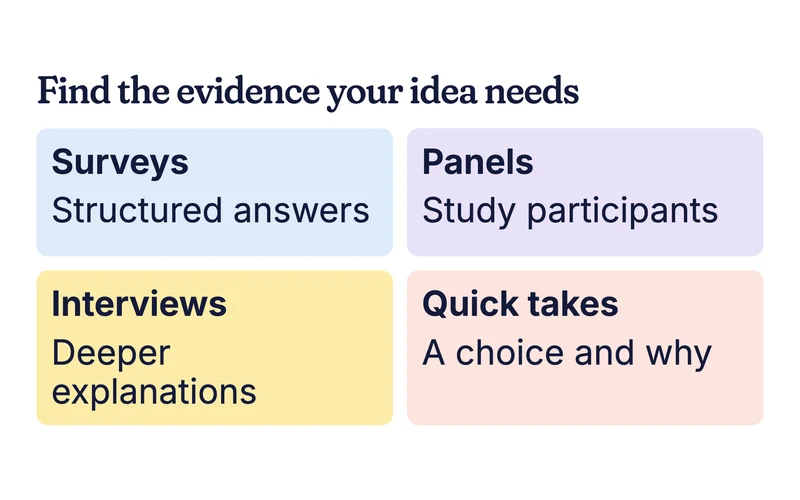 Example comparison of surveys, panels, interviews and quick takes