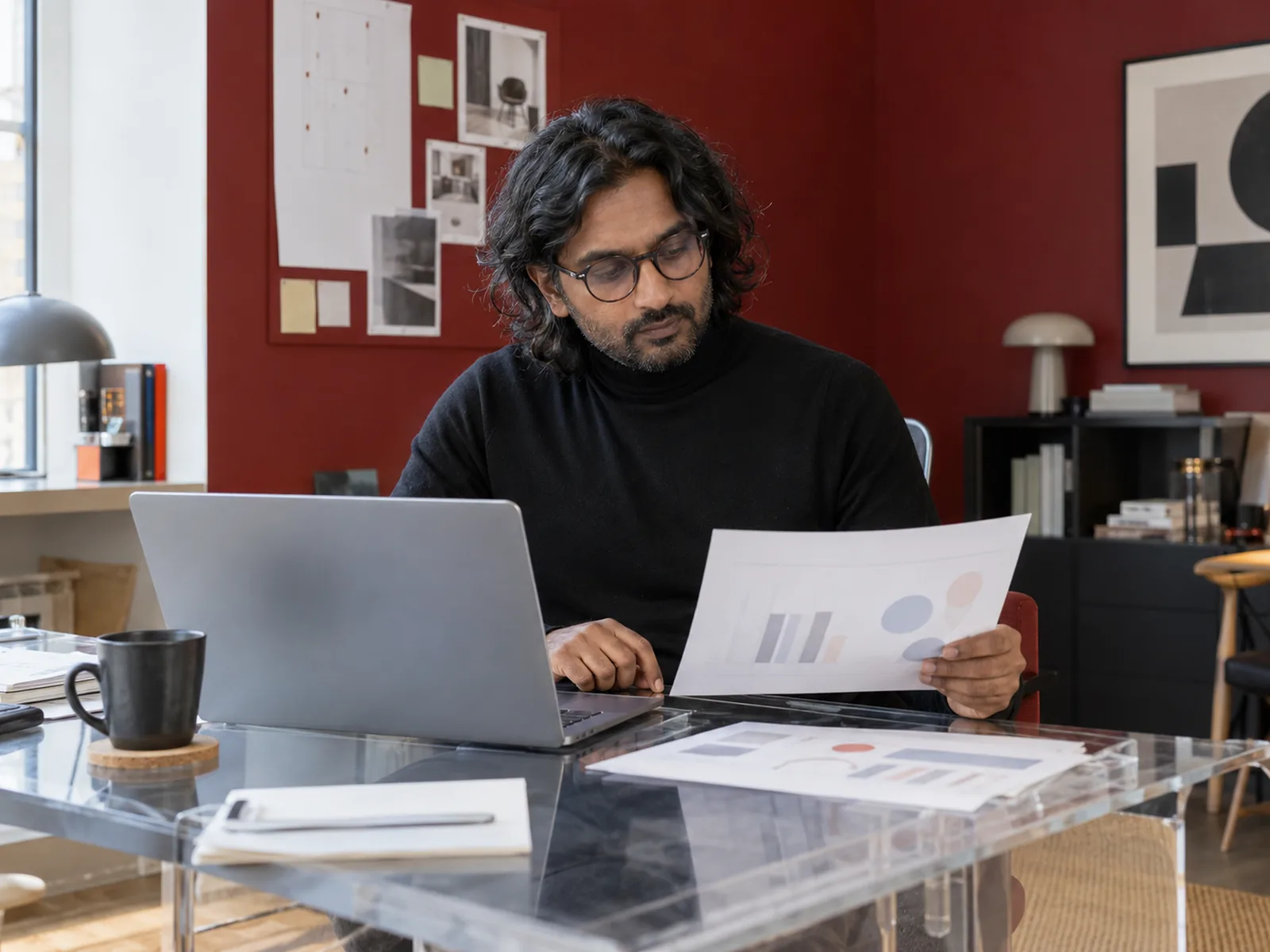 Man with wavy hair and round glasses reading printouts beside a laptop at a clear acrylic desk