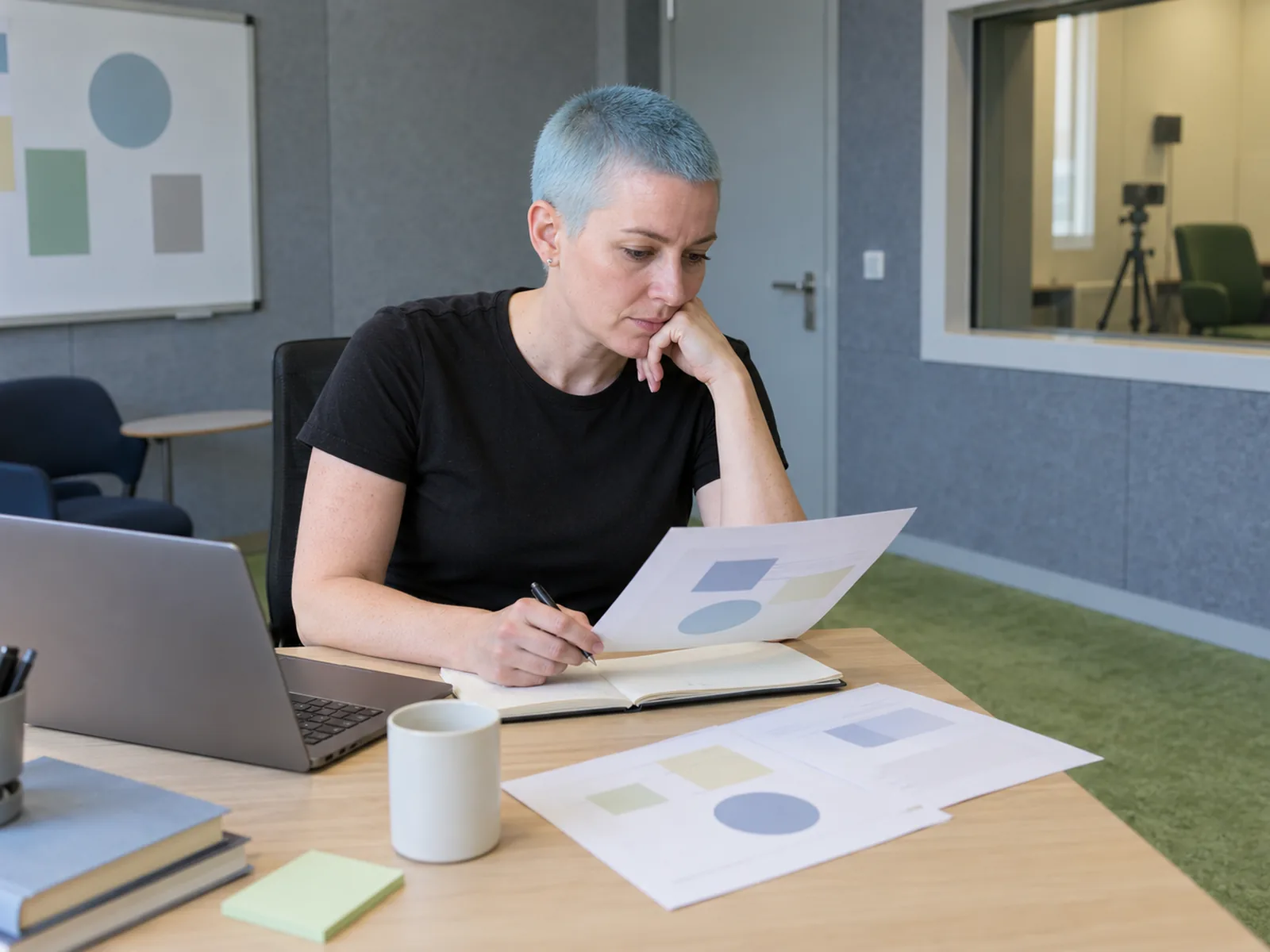 Woman with short pale-blue hair writing notes beside printed charts at a desk