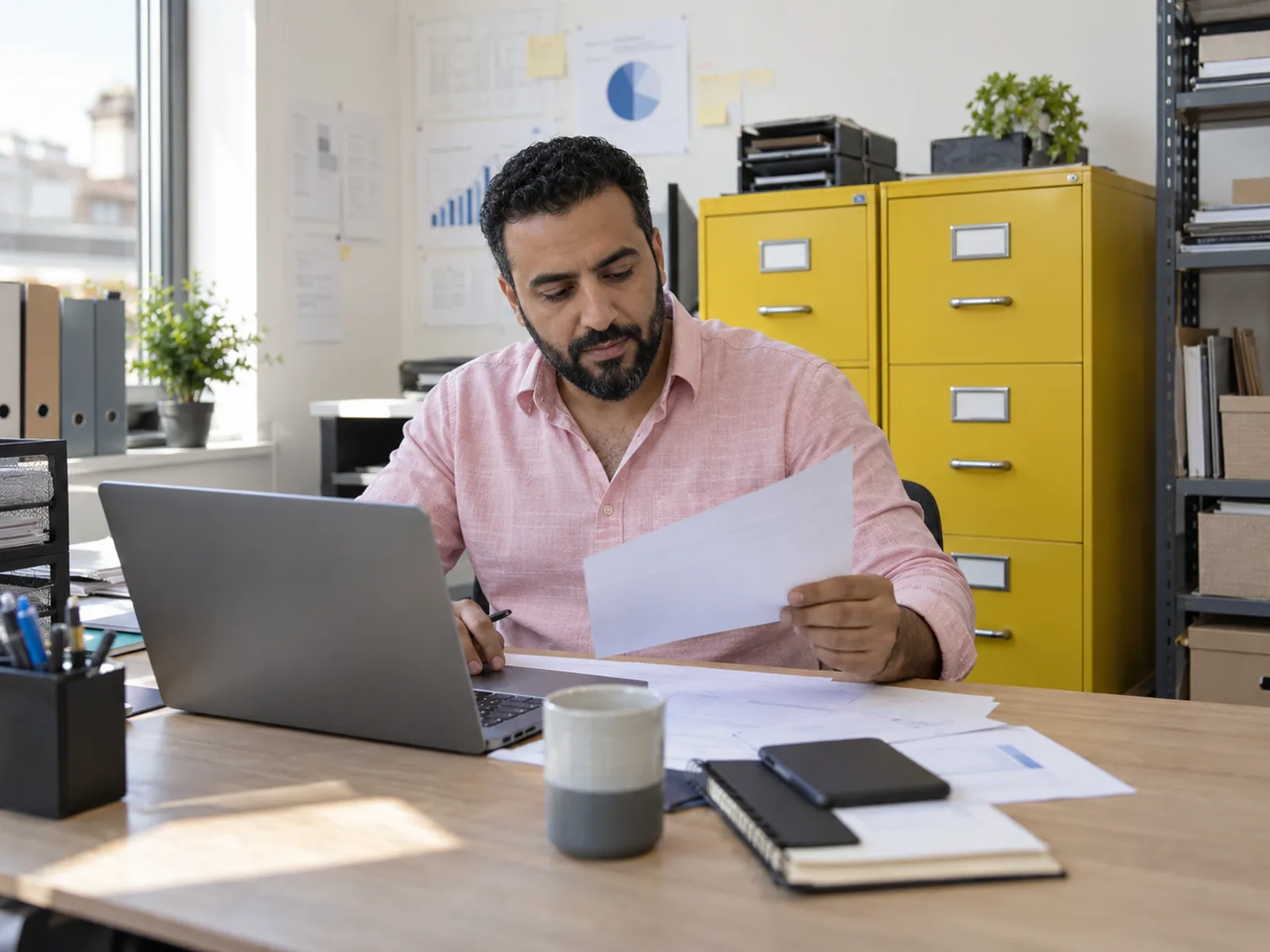 Man with a black beard in a pink shirt reading papers at a laptop by yellow filing cabinets