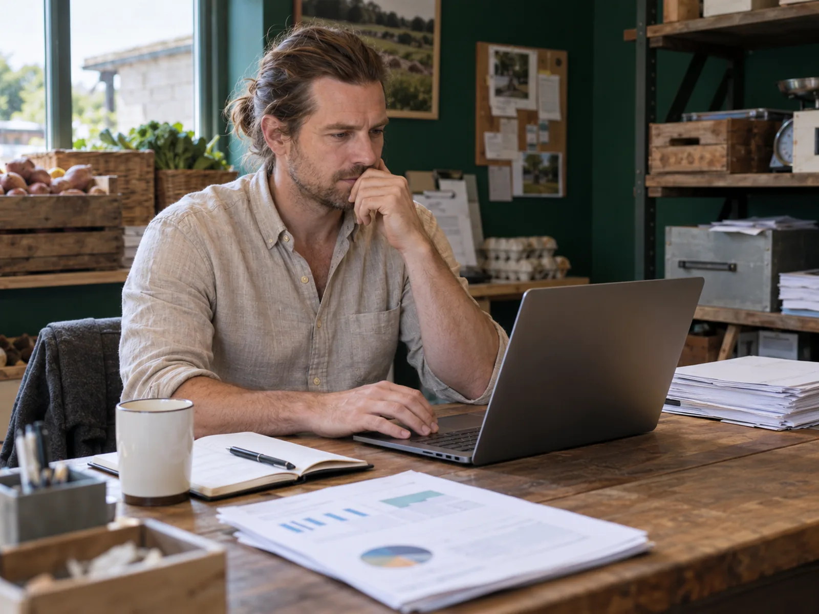 Man with long hair tied back comparing options on a laptop in a farm shop office with green walls
