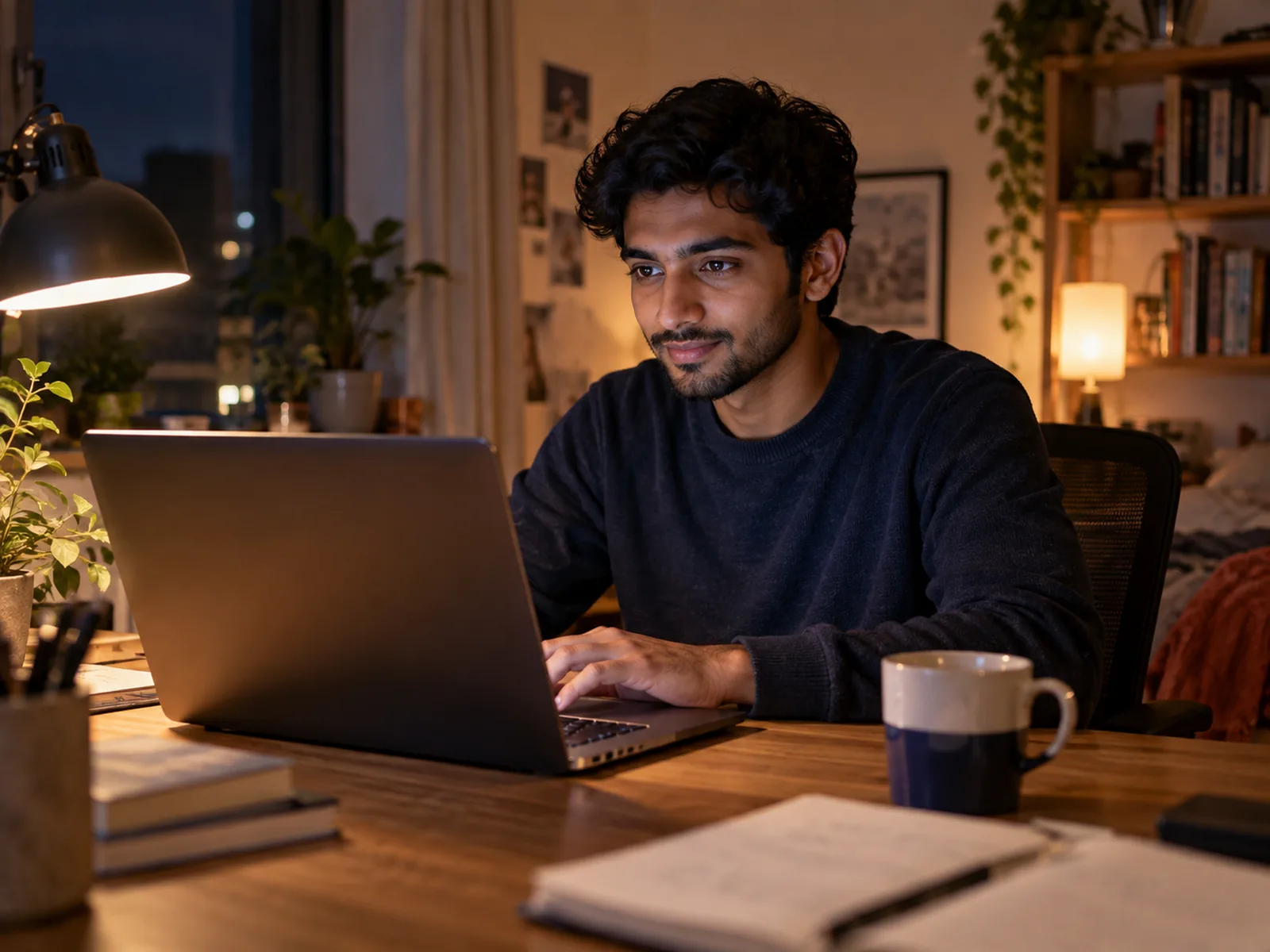 Man with dark curly hair working on a laptop by lamplight in the evening