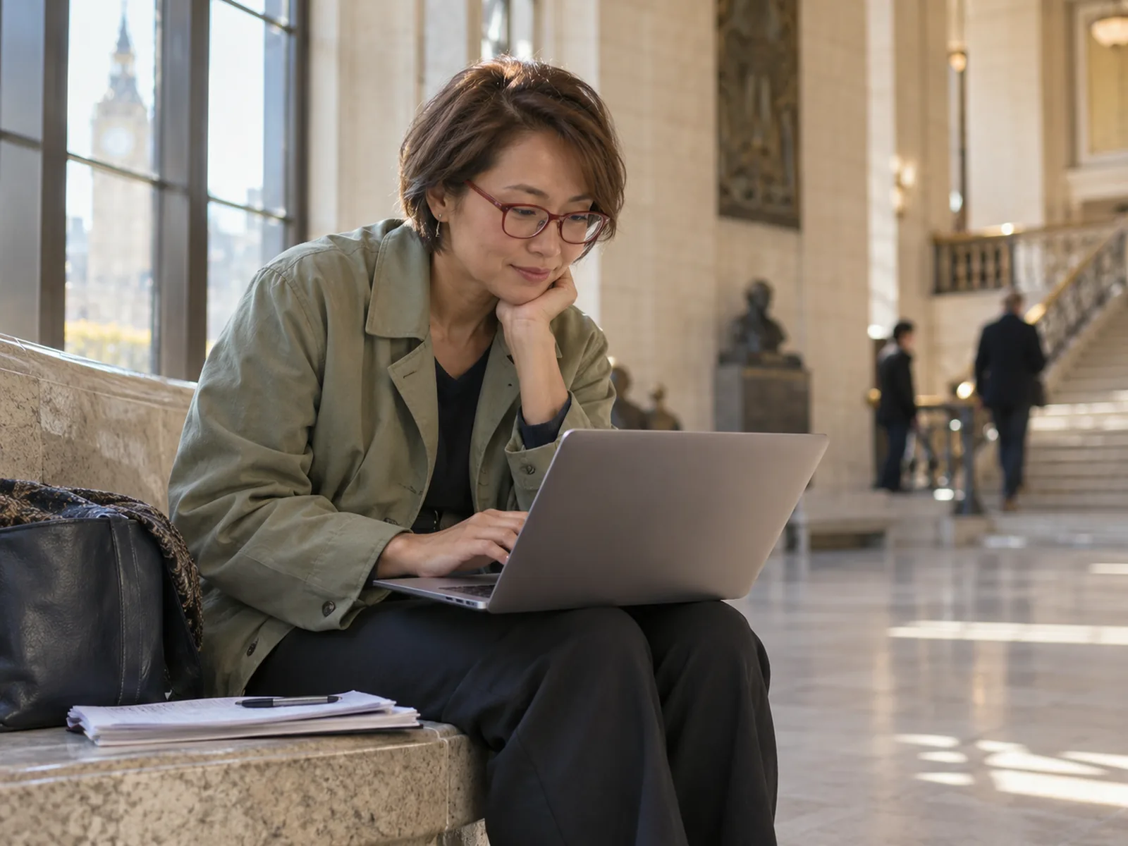 Woman in red-rimmed glasses using a laptop on a stone bench in a large atrium