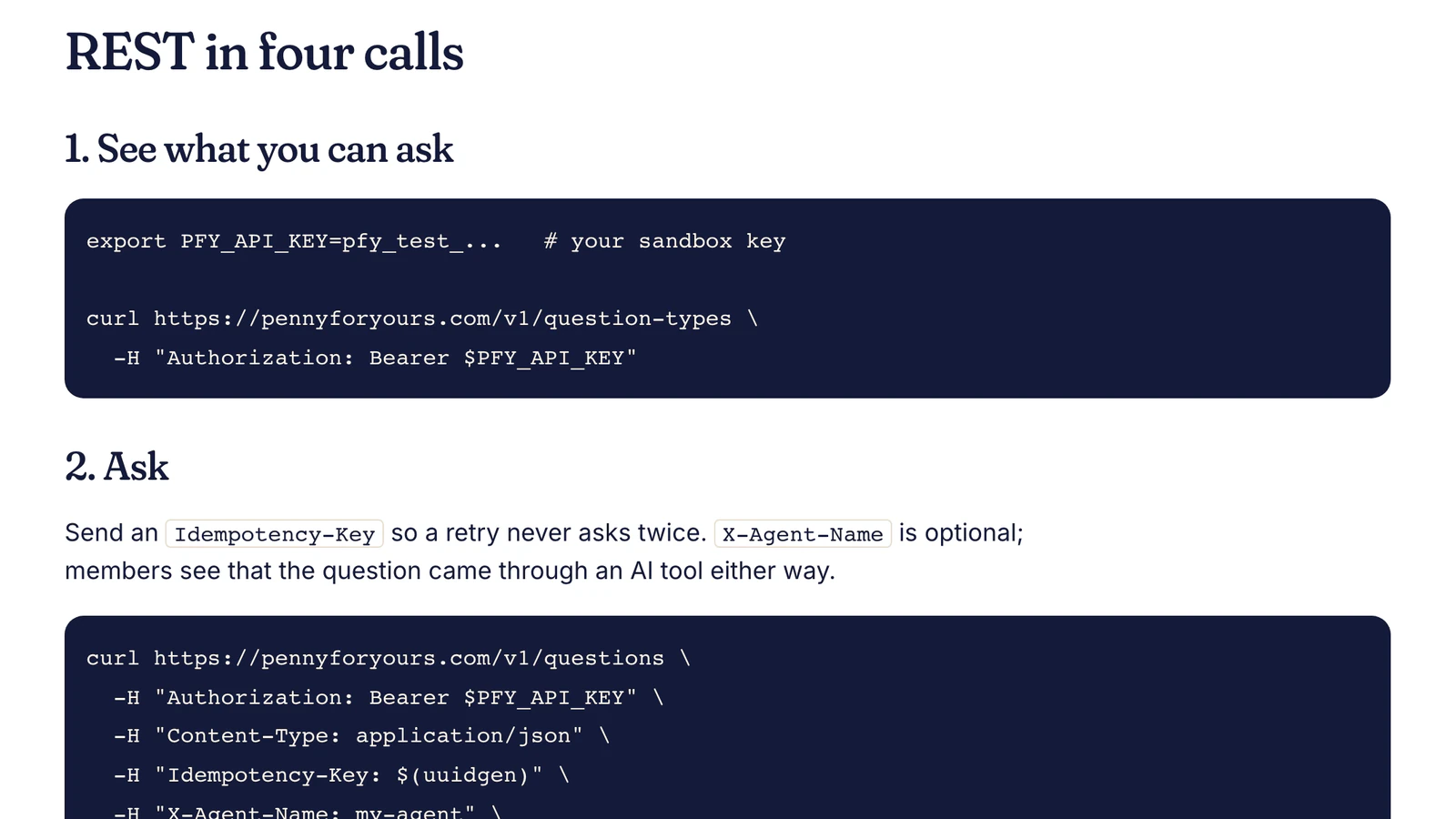 Developer quickstart page titled REST in four calls, with curl examples for listing question types and asking