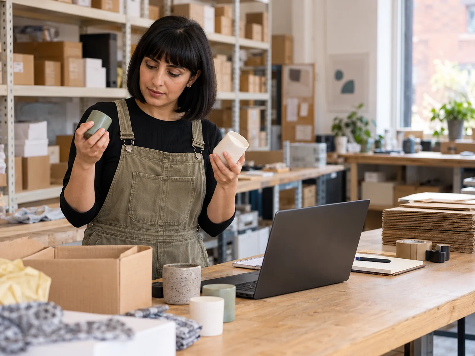 Woman with a black fringe in khaki overalls comparing two product samples in a stockroom