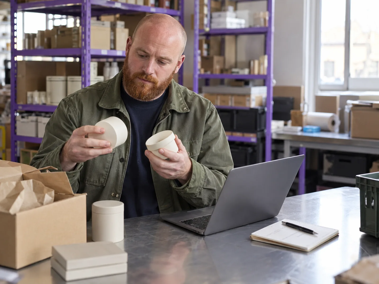 Man with a red beard comparing two plain product samples beside a laptop in a stockroom