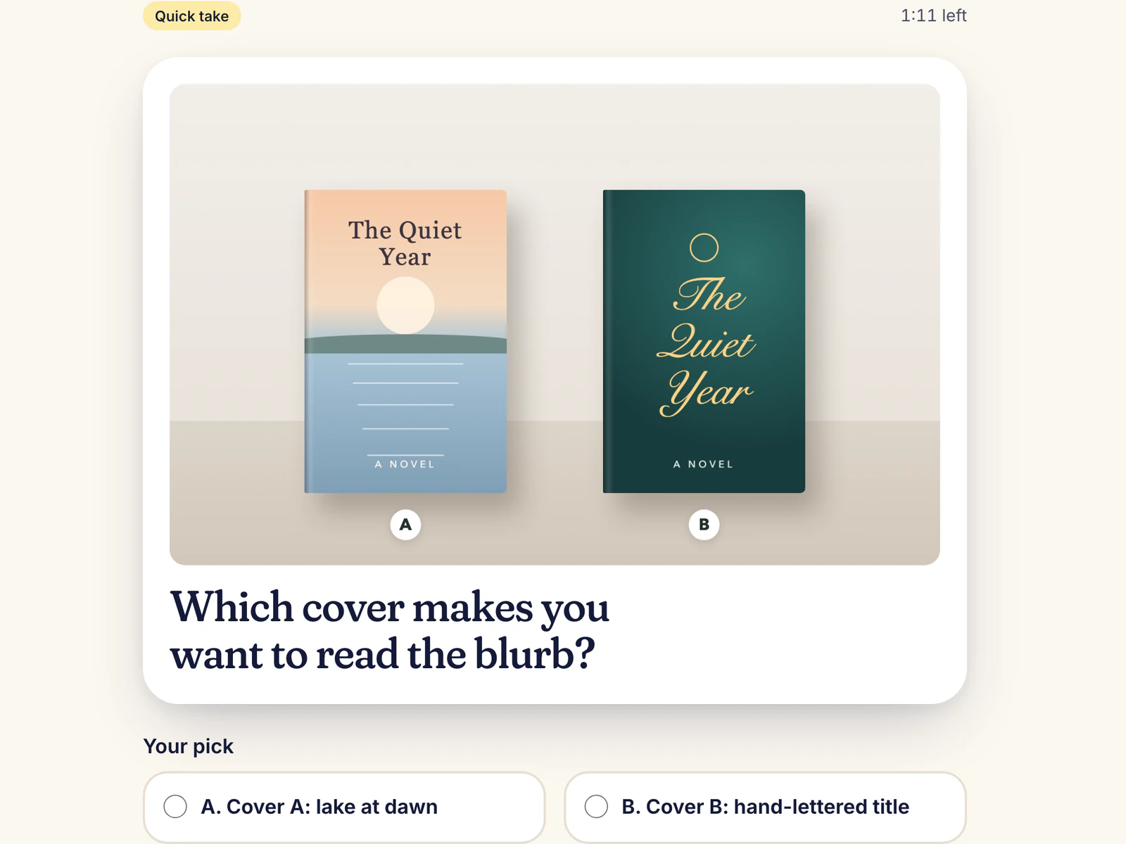 Answer screen showing two book covers for The Quiet Year, with options for a lake at dawn or a hand-lettered title