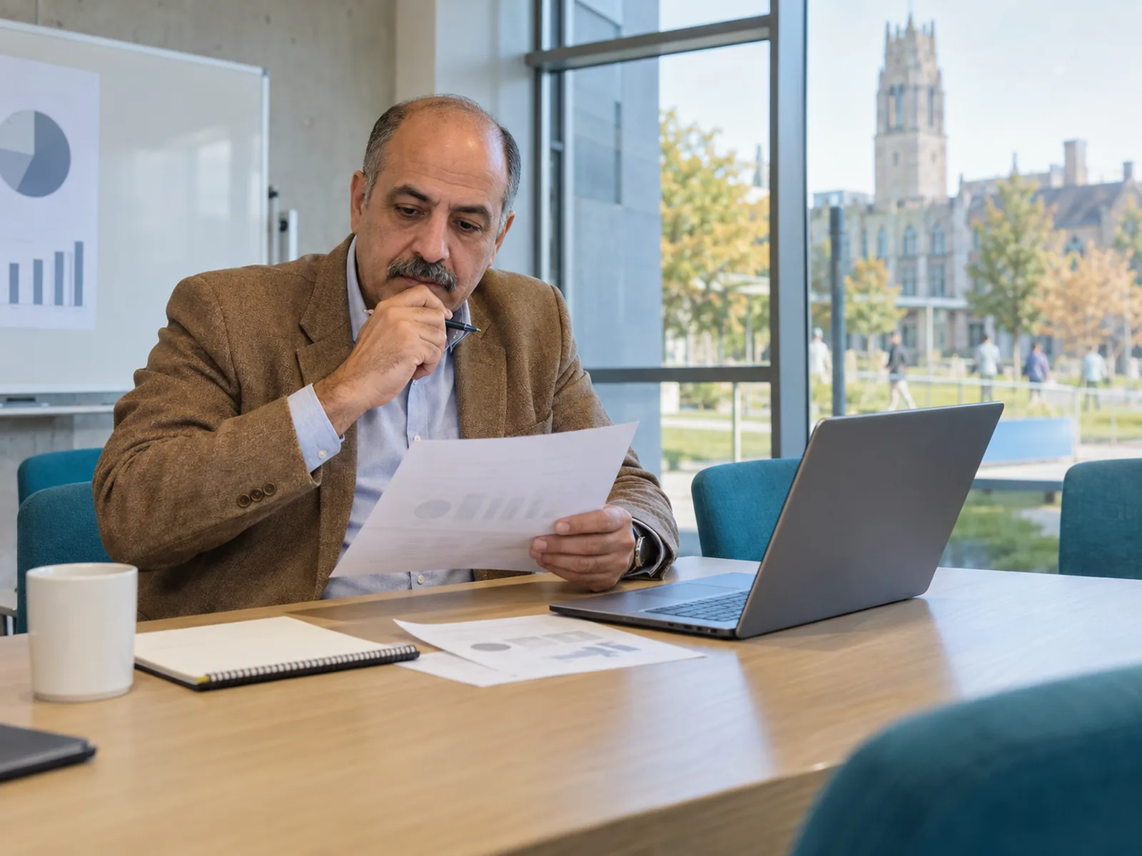 Man in a tan blazer reading a printed plan beside a laptop in a glass-walled meeting room