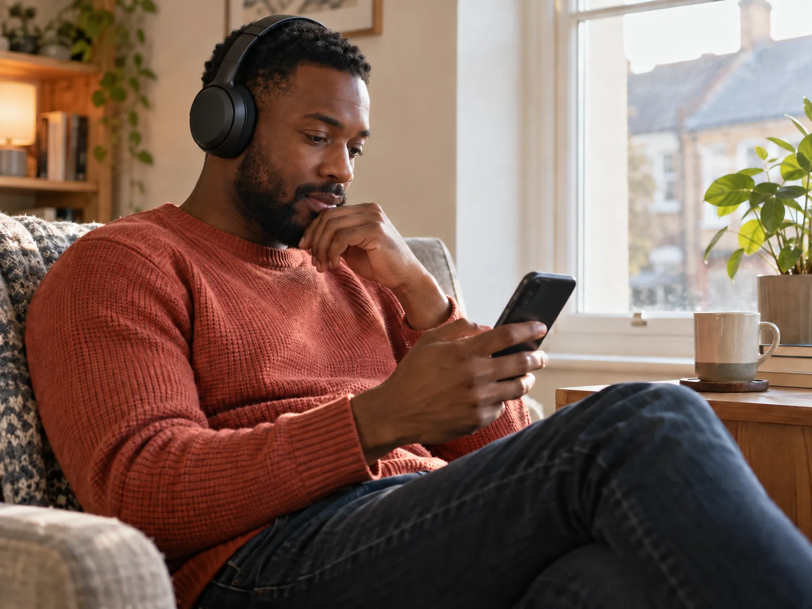 Man in headphones and an orange jumper looking at his phone in an armchair
