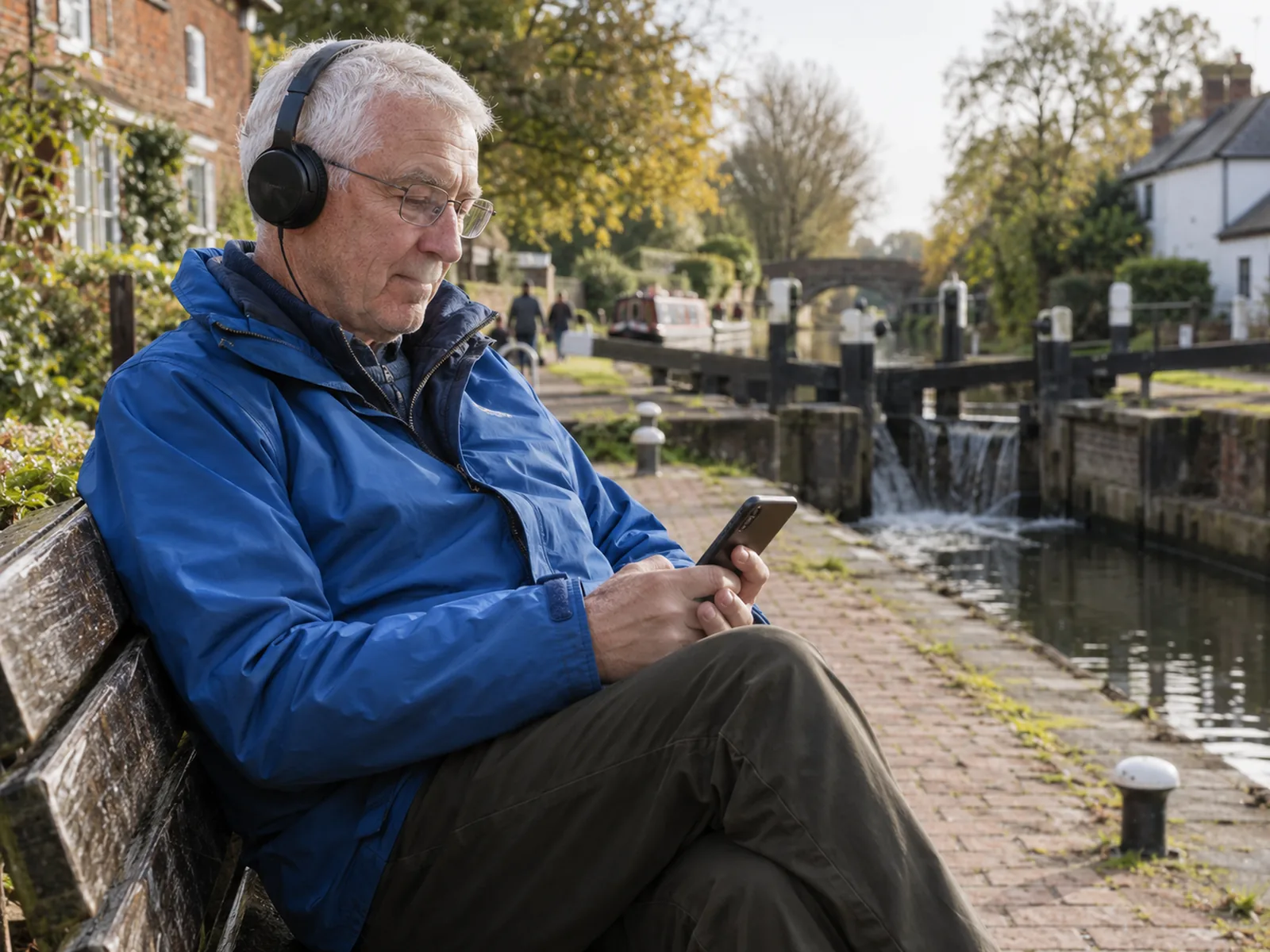 Older man in headphones and a blue windbreaker reading his phone on a canal-side bench